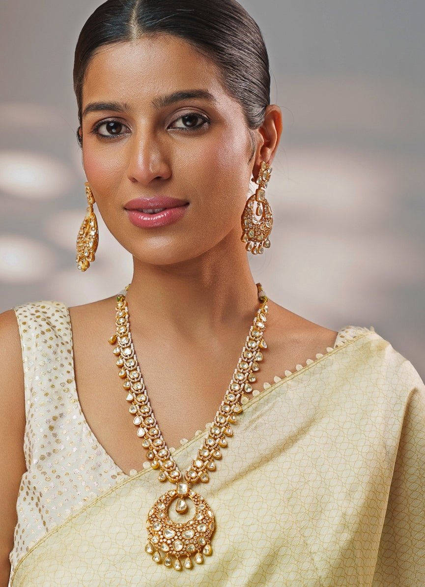 Moissanite Stones Gold Long Necklace Set Zevar by Geeta - Fabilicious Fashion
