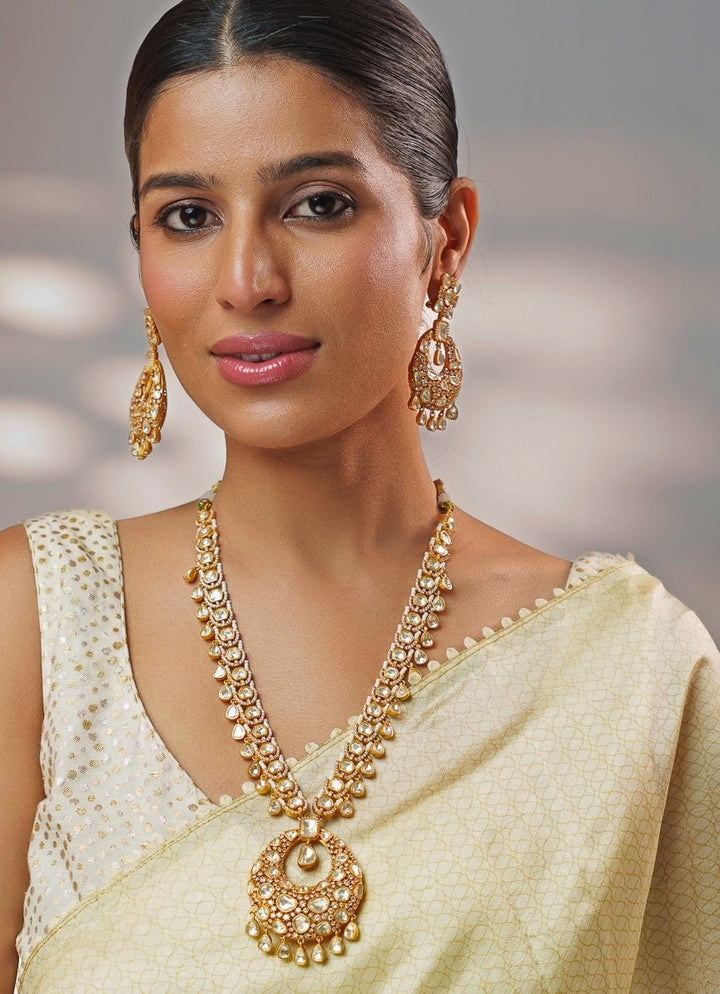 Moissanite Stones Gold Long Necklace Set Zevar by Geeta - Fabilicious Fashion