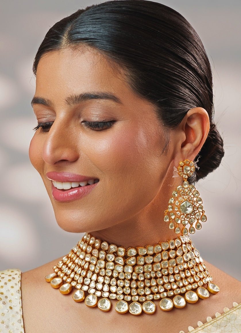 Moissanite Stones Gold Necklace Set Zevar by Geeta - Fabilicious Fashion