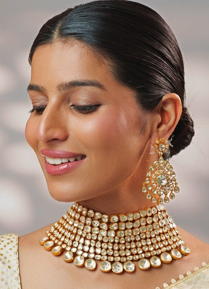 Moissanite Stones Gold Necklace Set Zevar by Geeta - Fabilicious Fashion