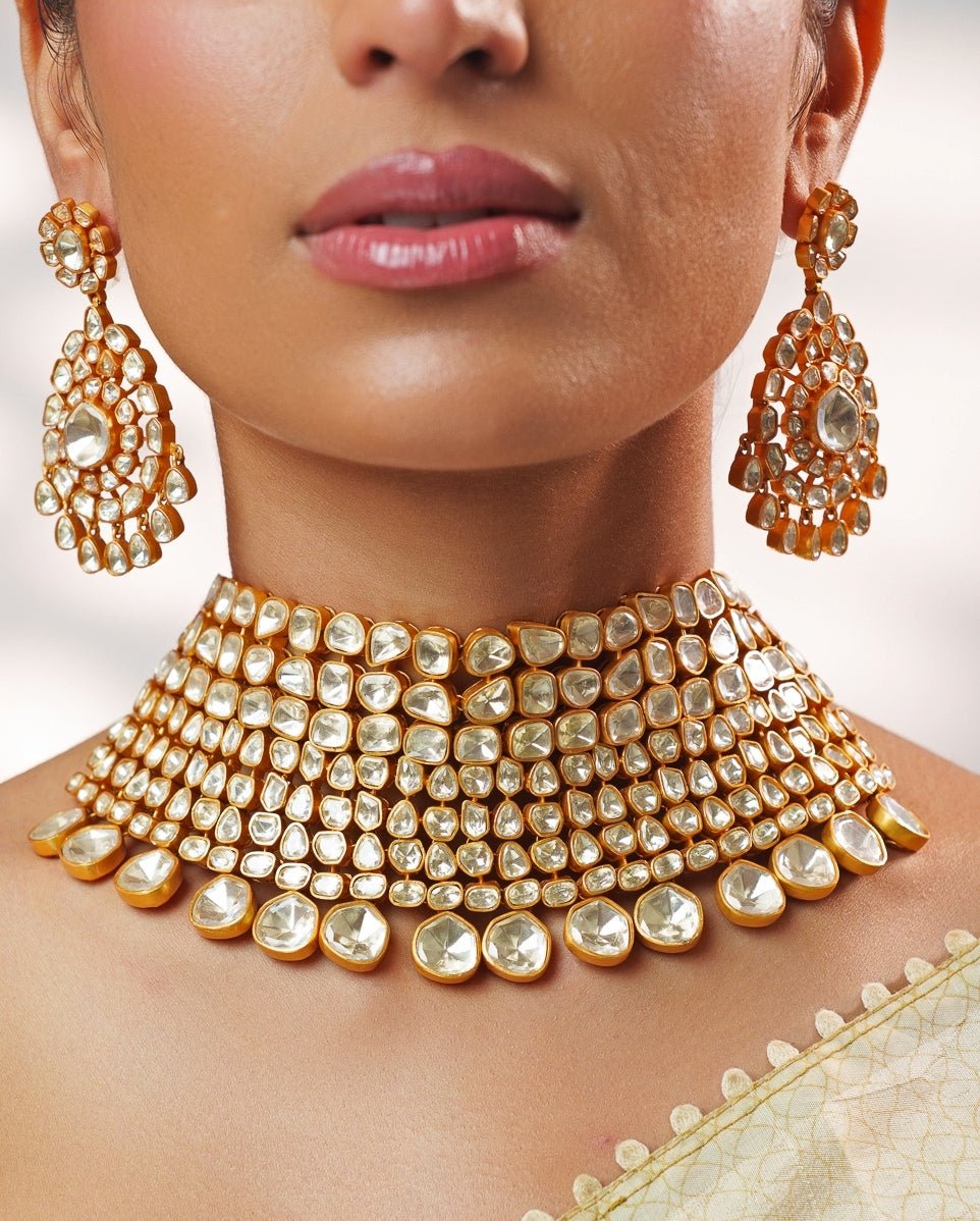 Moissanite Stones Gold Necklace Set Zevar by Geeta - Fabilicious Fashion