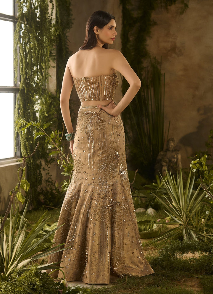 Molten Gold Mermaid Lehenga Set With Cape Parul Gandhi - Fabilicious Fashion