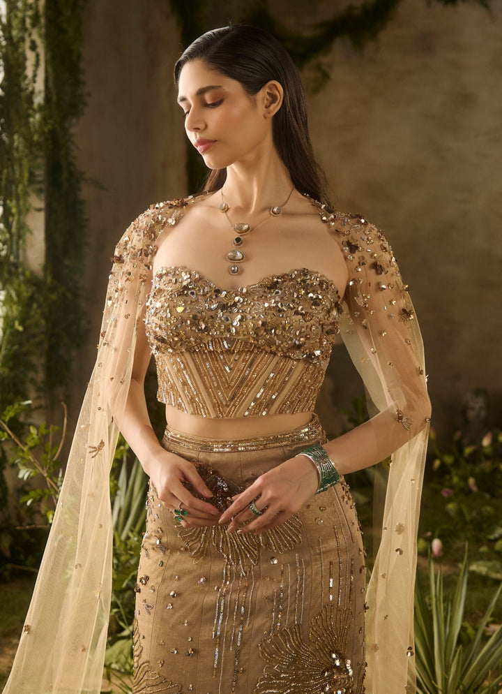 Molten Gold Mermaid Lehenga Set With Cape Parul Gandhi - Fabilicious Fashion