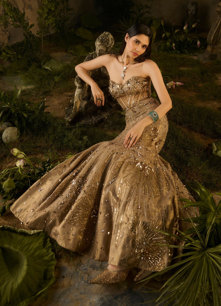 Molten Gold Mermaid Lehenga Set With Cape Parul Gandhi - Fabilicious Fashion