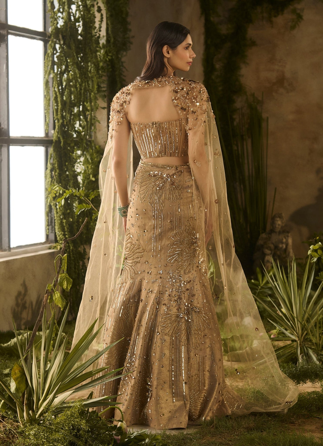 Molten Gold Mermaid Lehenga Set With Cape Parul Gandhi - Fabilicious Fashion