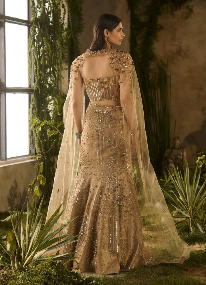 Molten Gold Mermaid Lehenga Set With Cape Parul Gandhi - Fabilicious Fashion