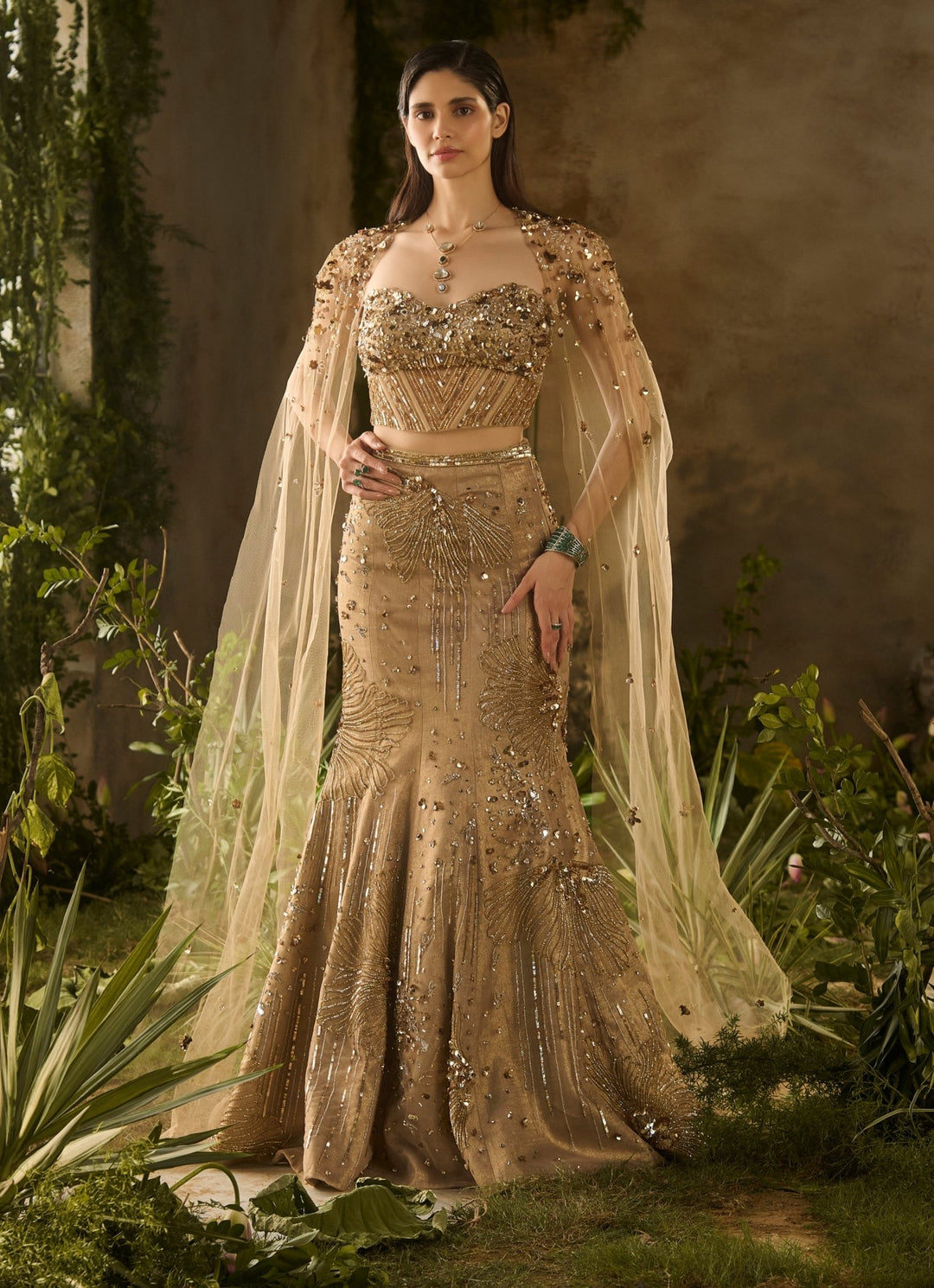 Molten Gold Mermaid Lehenga Set With Cape Parul Gandhi - Fabilicious Fashion