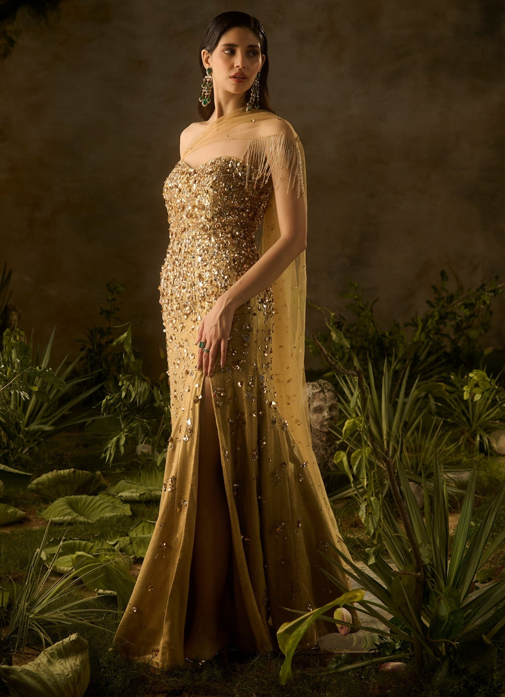 Molten Gold Sequinned Off Shoulder Gown Parul Gandhi - Fabilicious Fashion