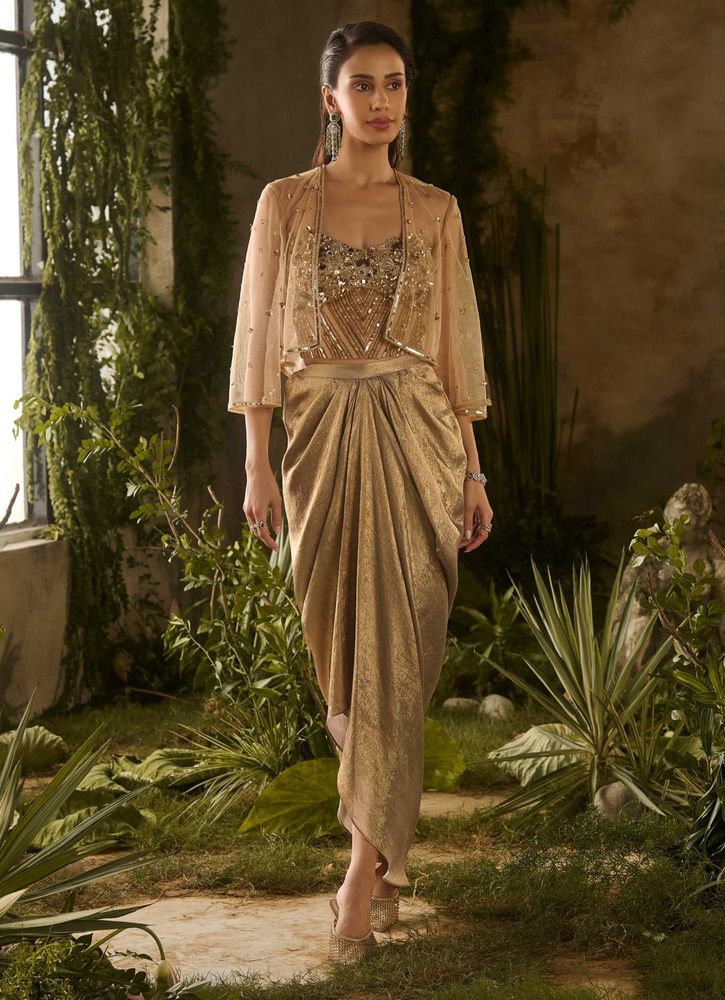 Molten gold silk drape skirt set with jacket by Parul Gandhi — indo-western outfit for reception