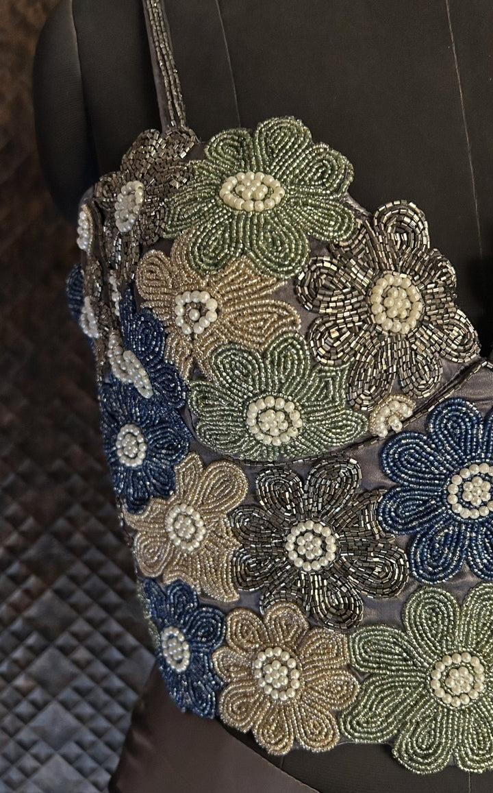 Mud Grey Satin Georgette Drape Skirt With Corset Blouse Shrena Hirawat - Fabilicious Fashion