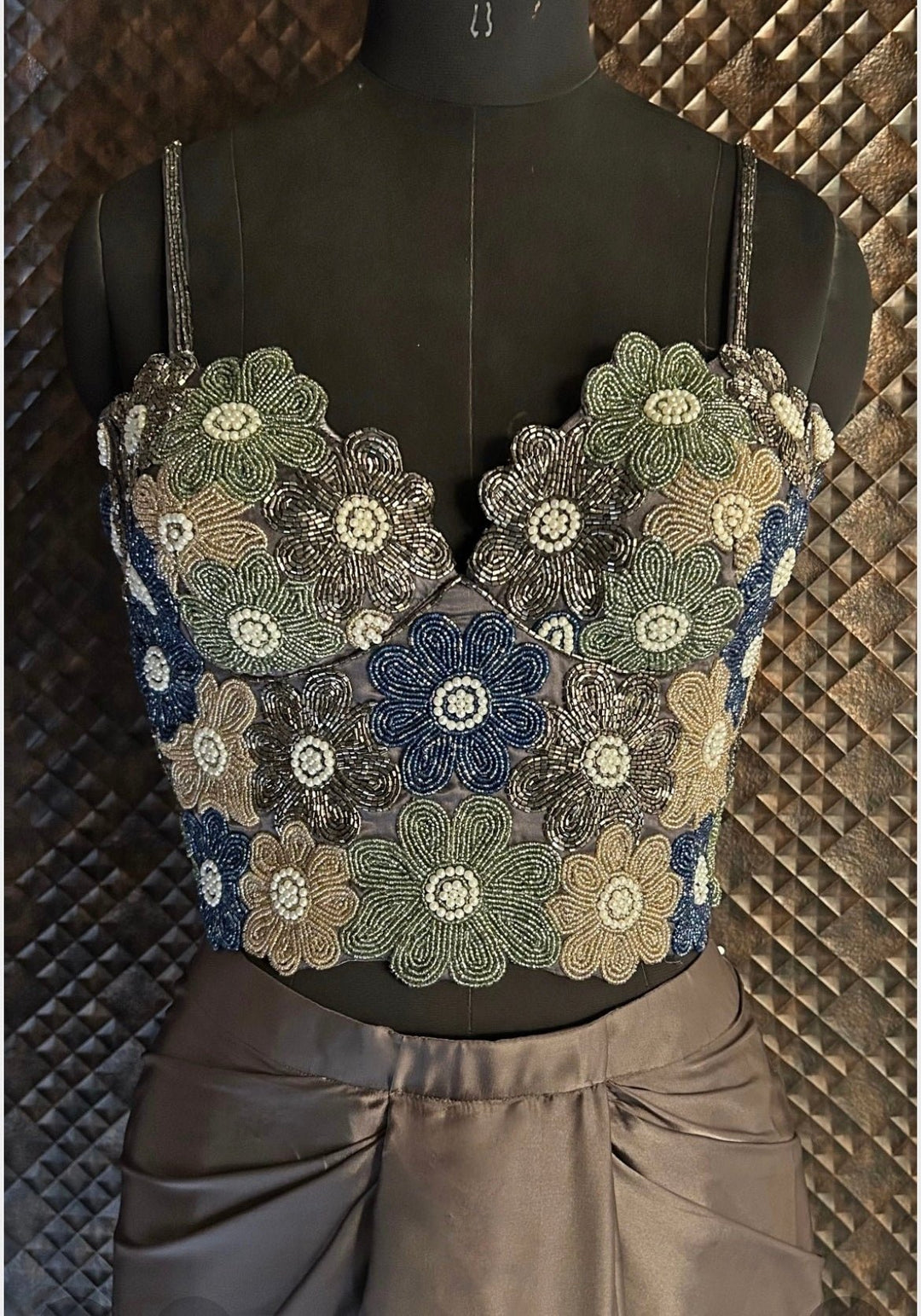 Mud Grey Satin Georgette Drape Skirt With Corset Blouse Shrena Hirawat - Fabilicious Fashion