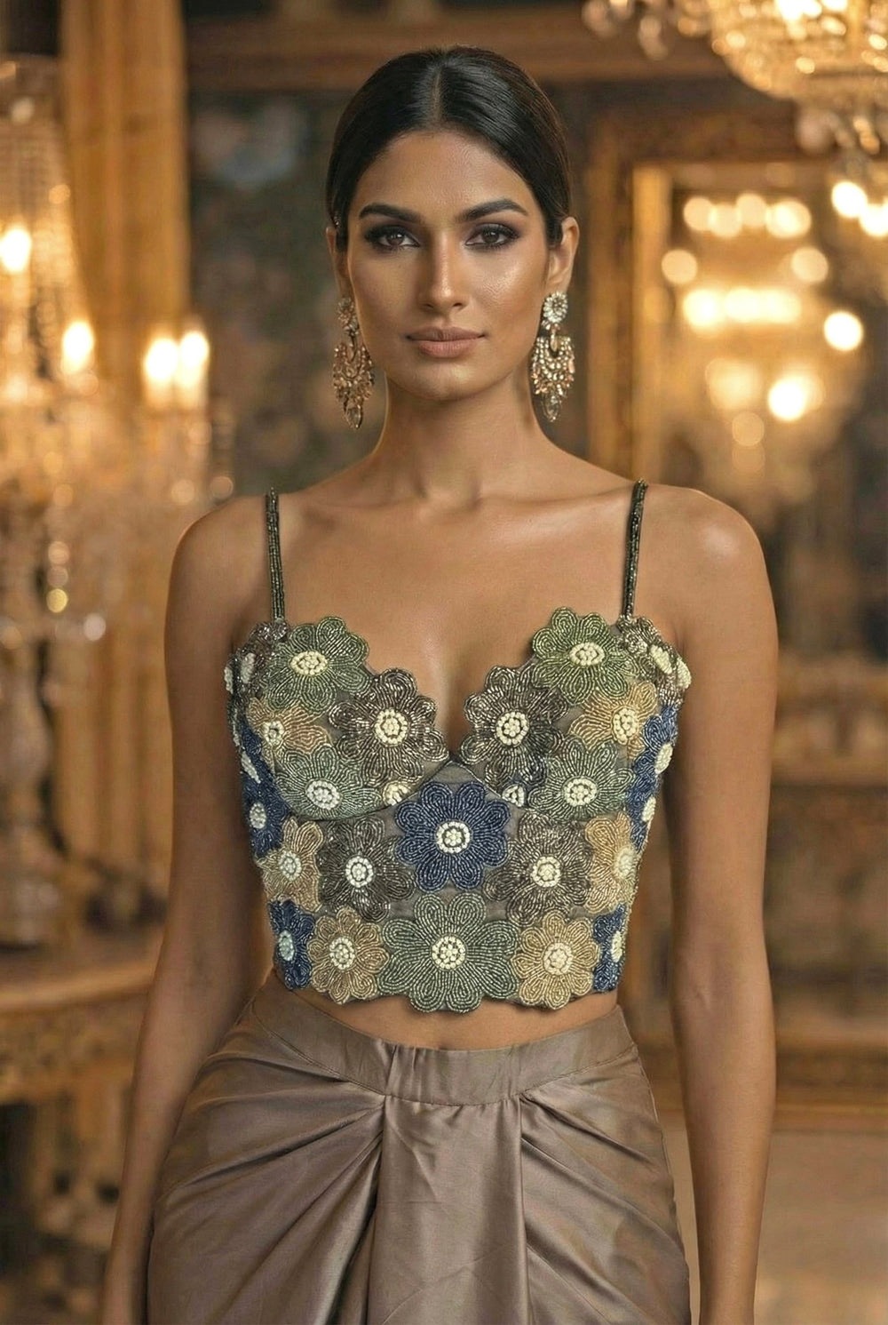 Mud Grey Satin Georgette Drape Skirt With Corset Blouse Shrena Hirawat - Fabilicious Fashion