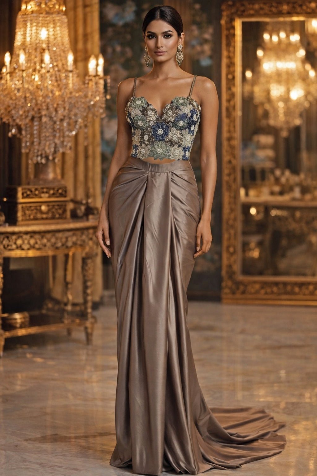 Mud Grey Satin Georgette Drape Skirt With Corset Blouse Shrena Hirawat - Fabilicious Fashion