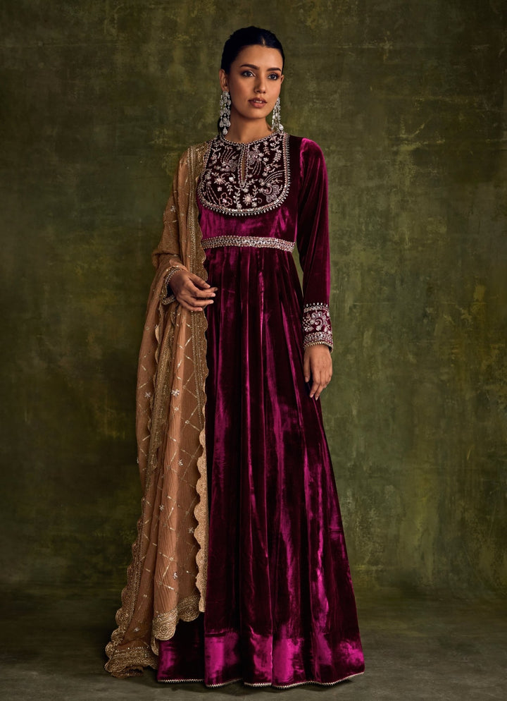 Mulberry Pink Velvet Anarkali Sanya Gulati - Fabilicious Fashion