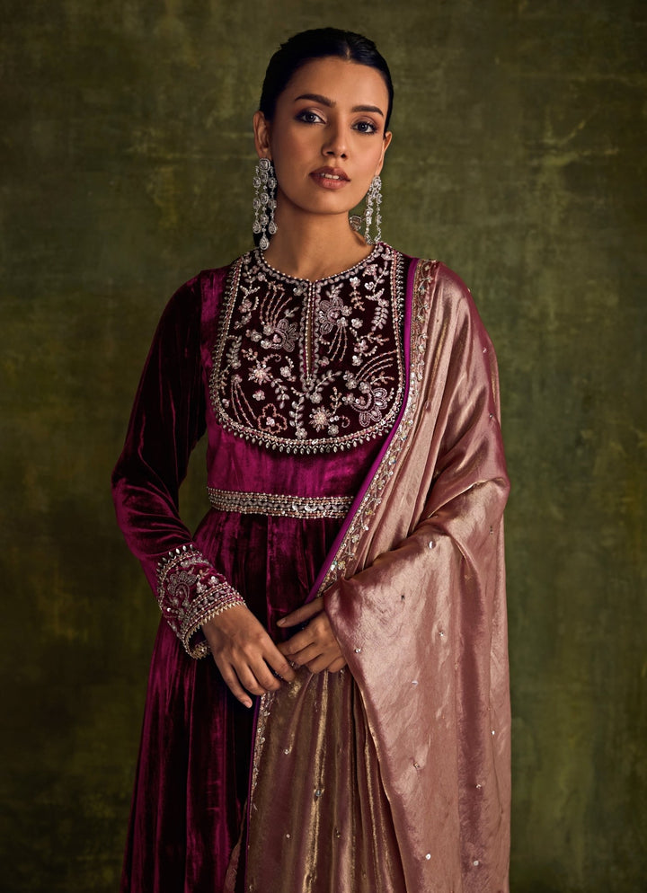 Mulberry Pink Velvet Anarkali Sanya Gulati - Fabilicious Fashion