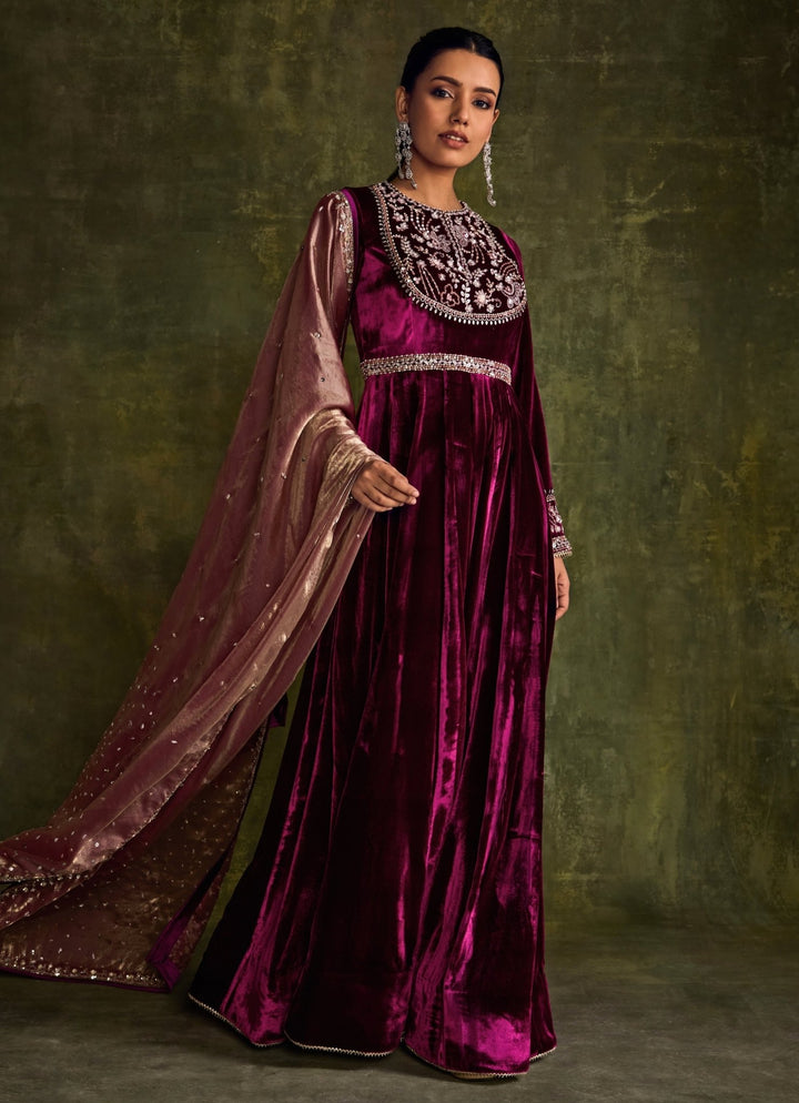 Mulberry Pink Velvet Anarkali Sanya Gulati - Fabilicious Fashion