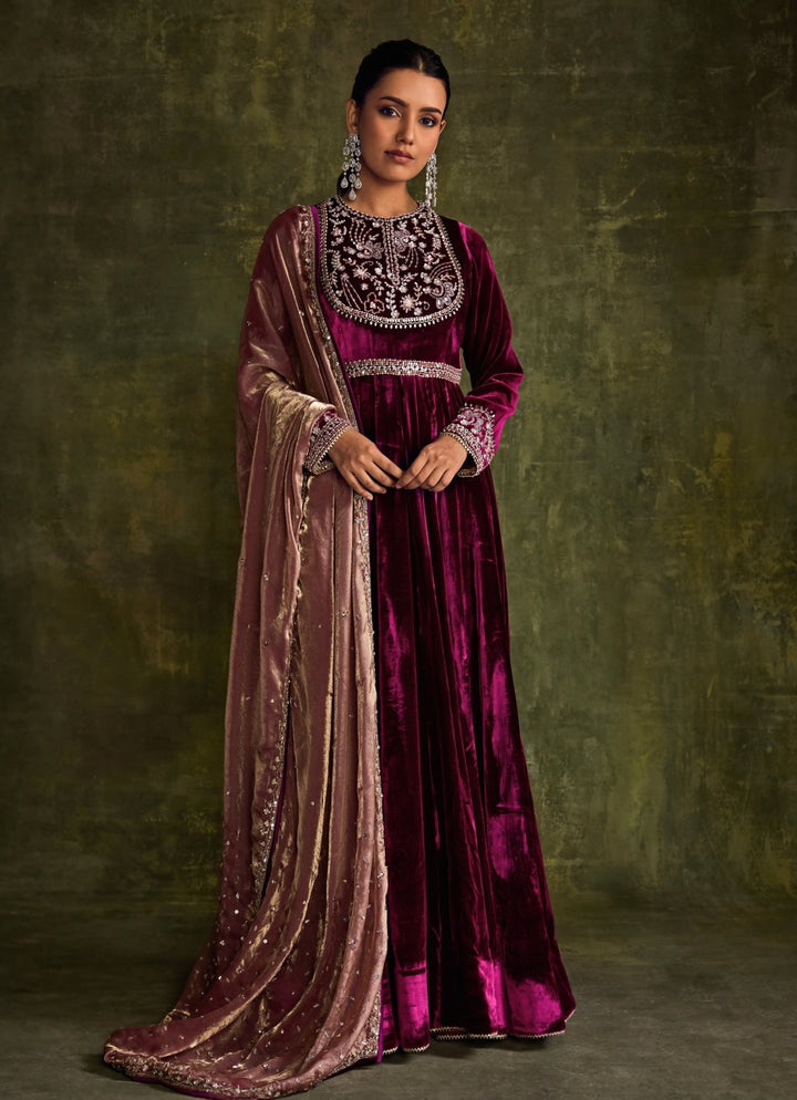 Mulberry Pink Velvet Anarkali Sanya Gulati - Fabilicious Fashion