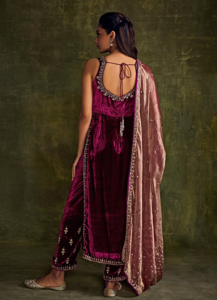Mulberry Pink Velvet Kurta Pants Set Sanya Gulati - Fabilicious Fashion