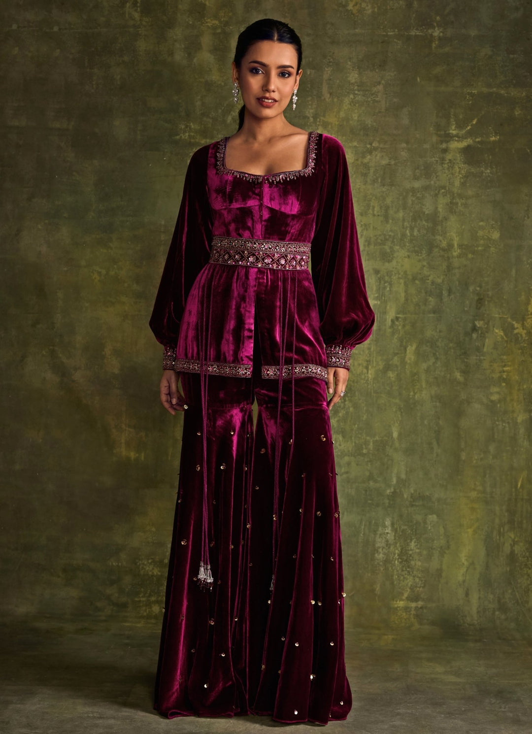 Mulberry Pink Velvet Peplum Kurta Sharara Set Sanya Gulati - Fabilicious Fashion