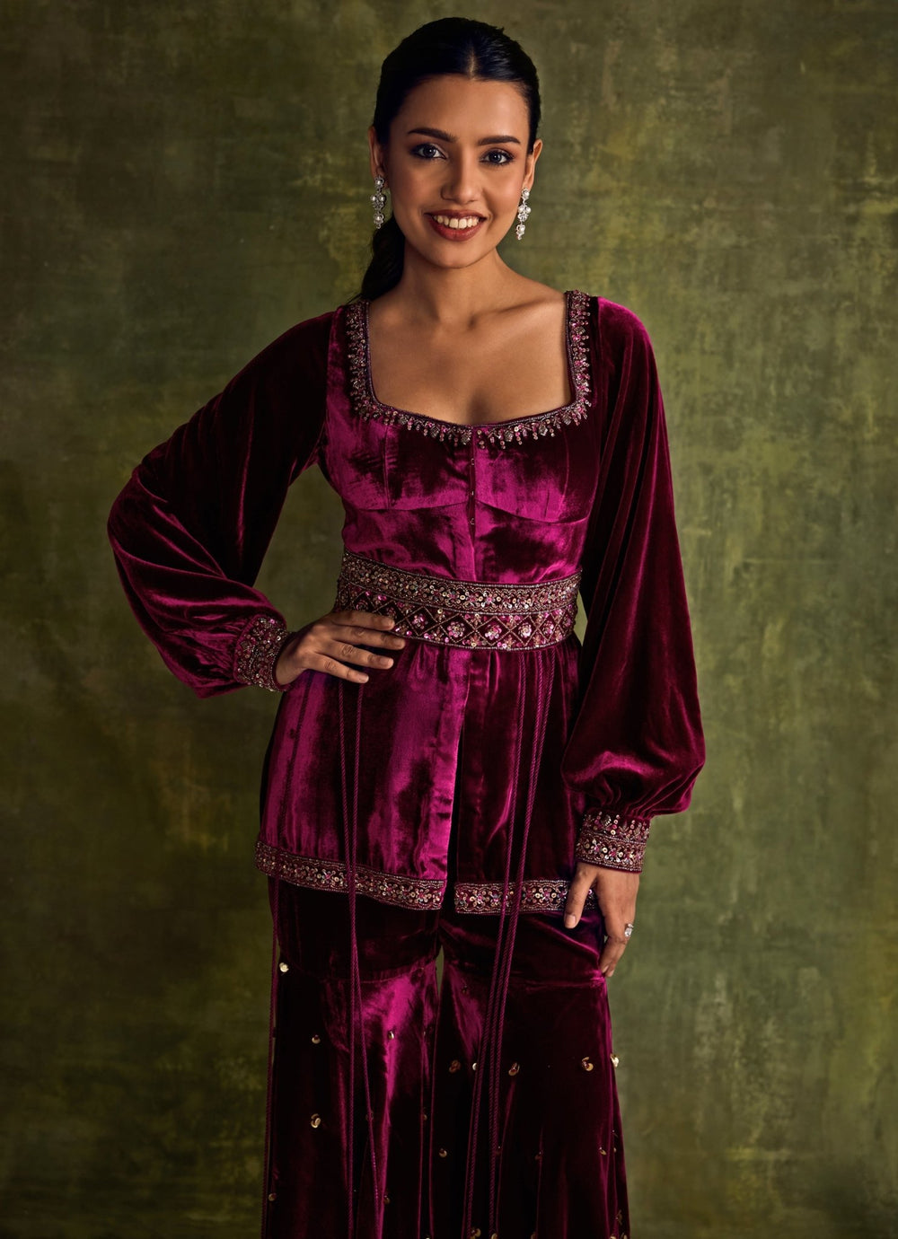 Mulberry Pink Velvet Peplum Kurta Sharara Set Sanya Gulati - Fabilicious Fashion