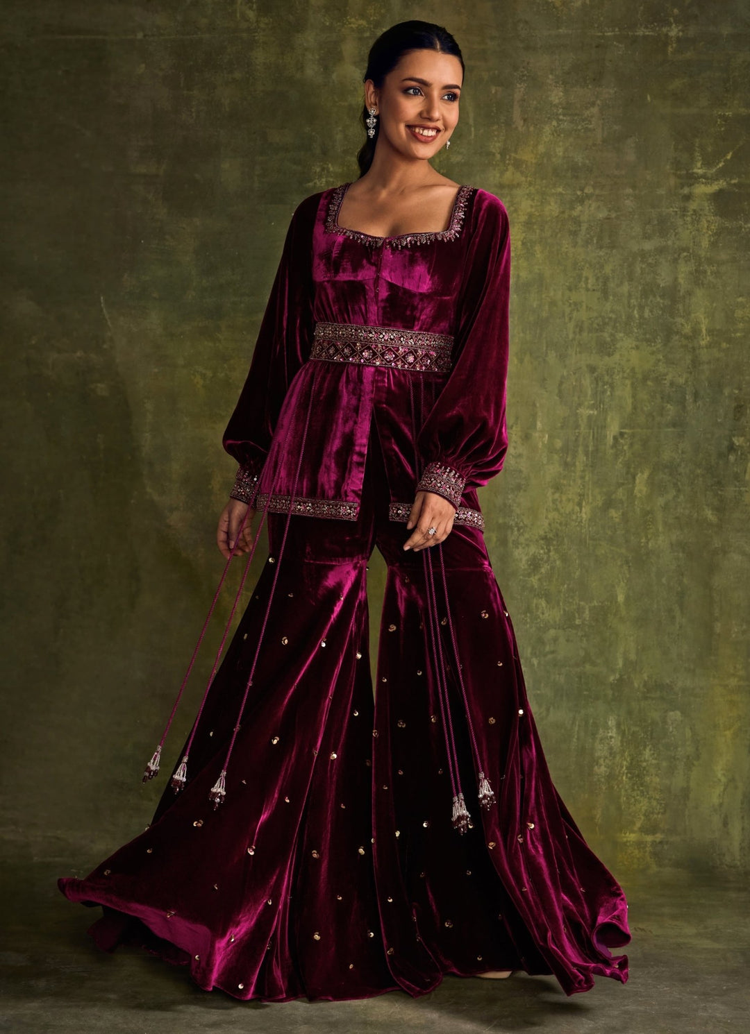 Mulberry Pink Velvet Peplum Kurta Sharara Set Sanya Gulati - Fabilicious Fashion