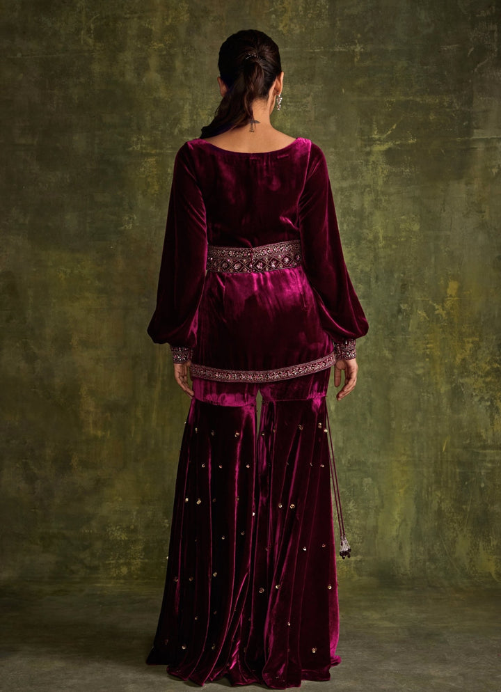 Mulberry Pink Velvet Peplum Kurta Sharara Set Sanya Gulati - Fabilicious Fashion