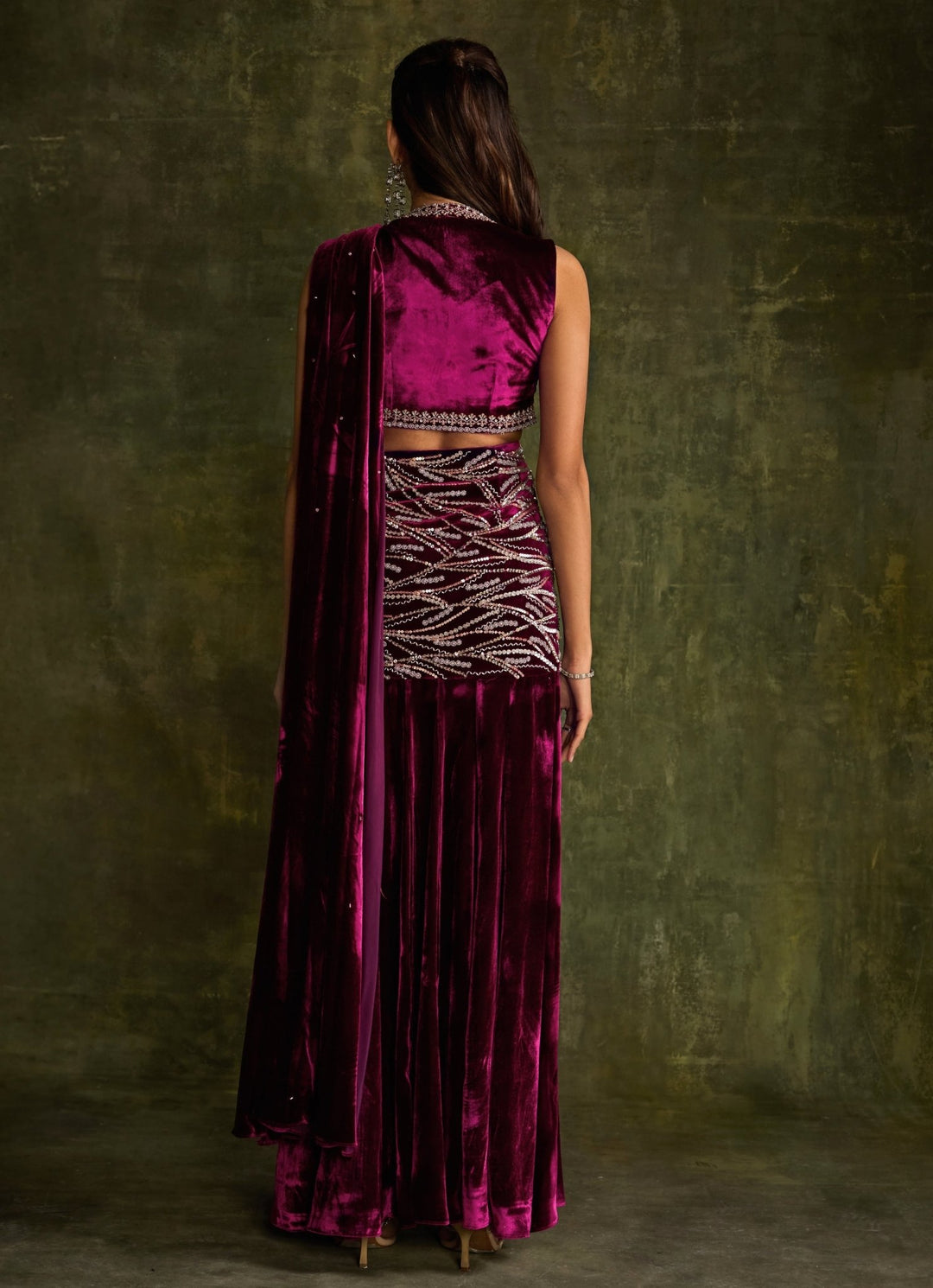 Mulberry Pink Velvet Slit Pre - Draped Saree Sanya Gulati - Fabilicious Fashion