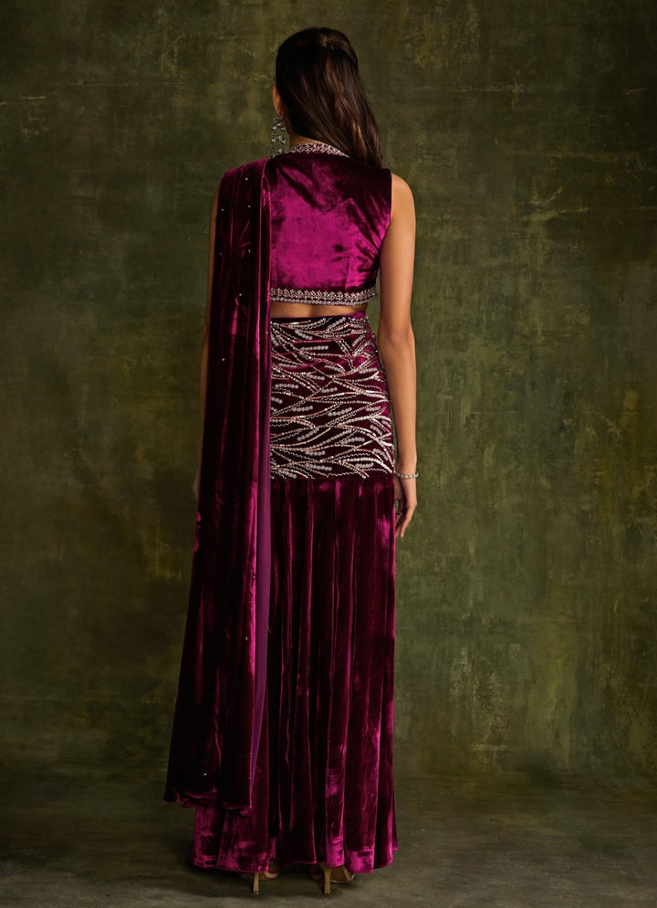 Mulberry Pink Velvet Slit Pre - Draped Saree Sanya Gulati - Fabilicious Fashion