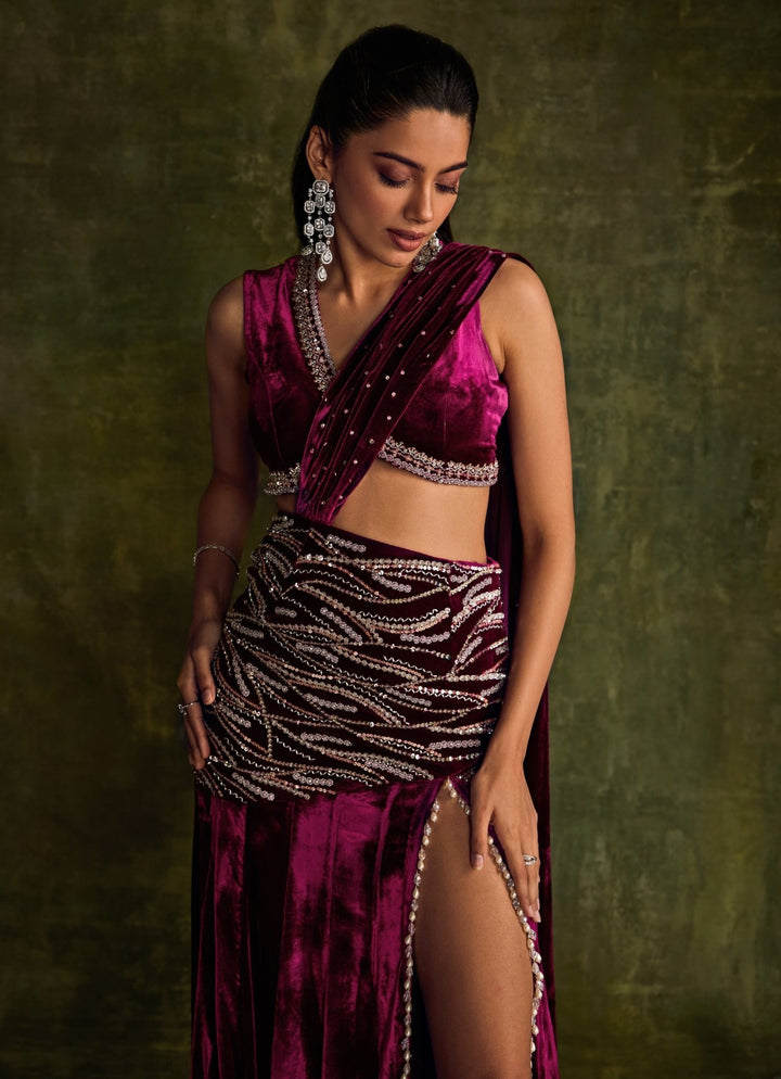 Mulberry Pink Velvet Slit Pre - Draped Saree Sanya Gulati - Fabilicious Fashion