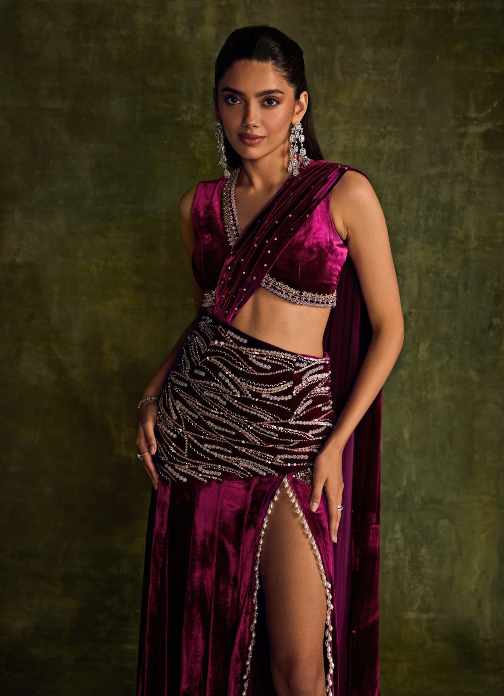 Mulberry Pink Velvet Slit Pre - Draped Saree Sanya Gulati - Fabilicious Fashion