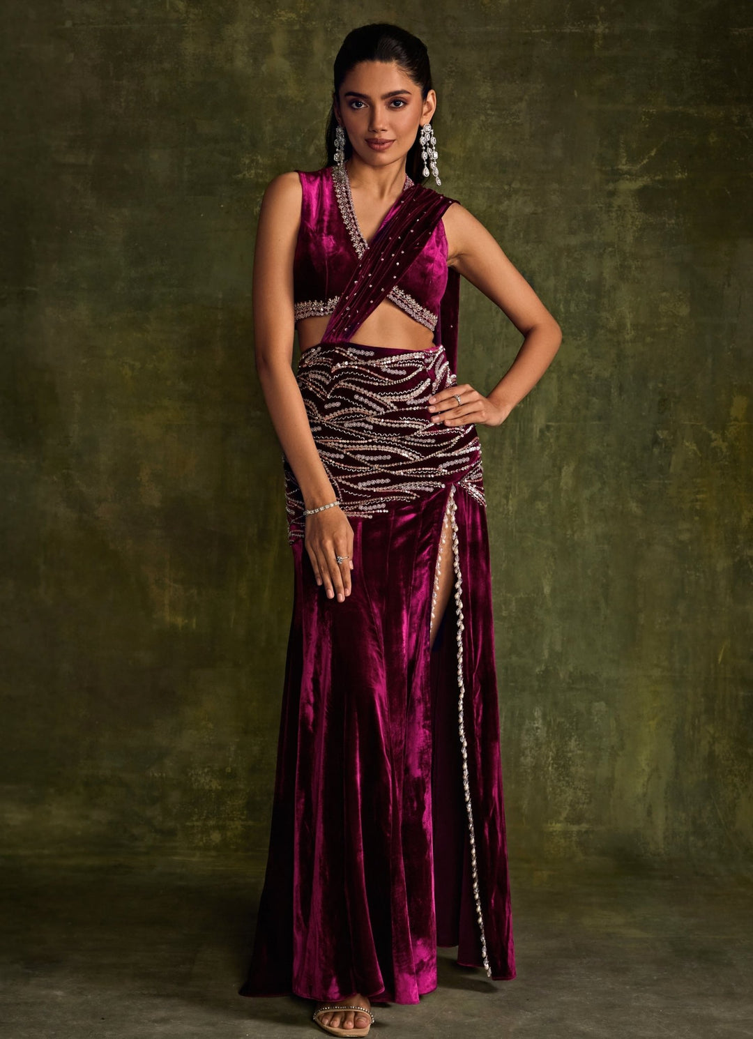 Mulberry Pink Velvet Slit Pre - Draped Saree Sanya Gulati - Fabilicious Fashion