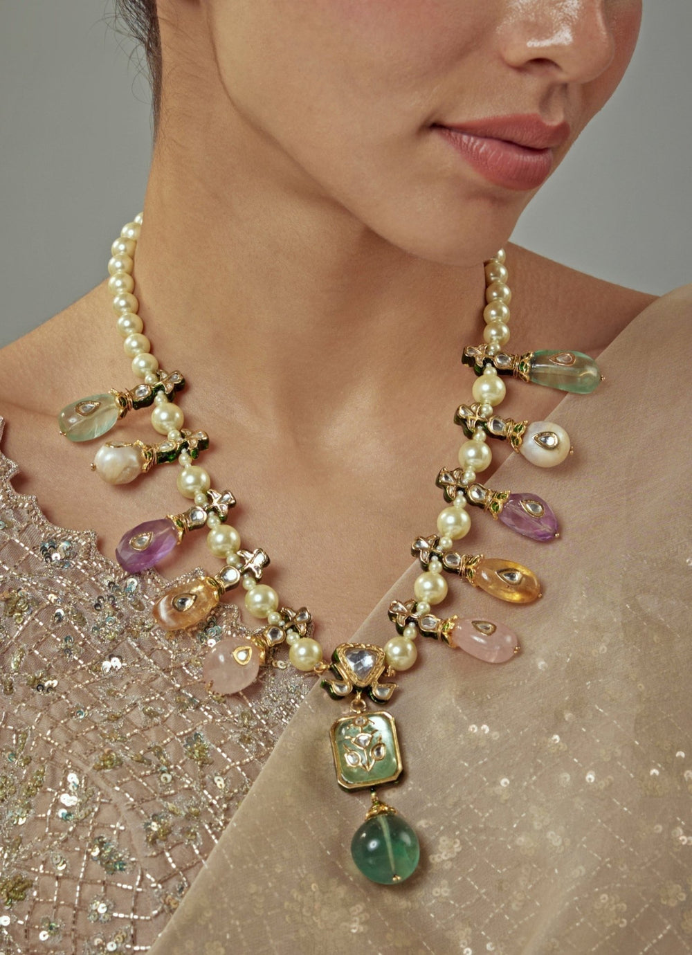 Multi Beaded Contemporary Short Necklace Set Vivinia by Vidhi Mehra - Fabilicious Fashion
