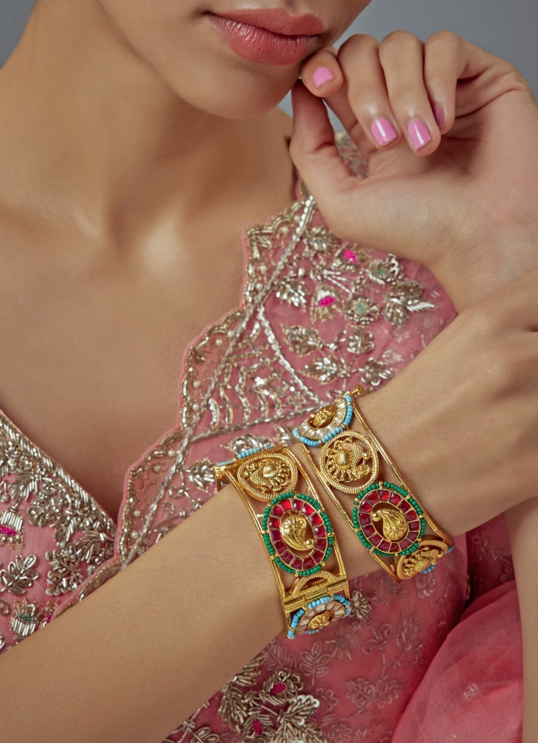 Multi Beaded Kundan And Polki Gold Plated Bangles Vivinia by Vidhi Mehra - Fabilicious Fashion
