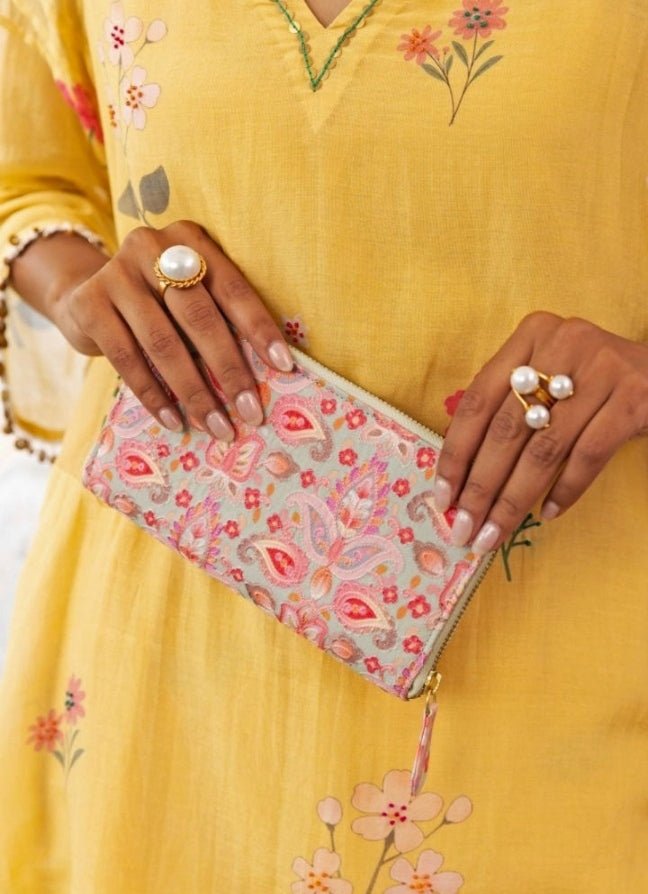 Multi Color Embroidered Zip Wallet AMYRA - Fabilicious Fashion