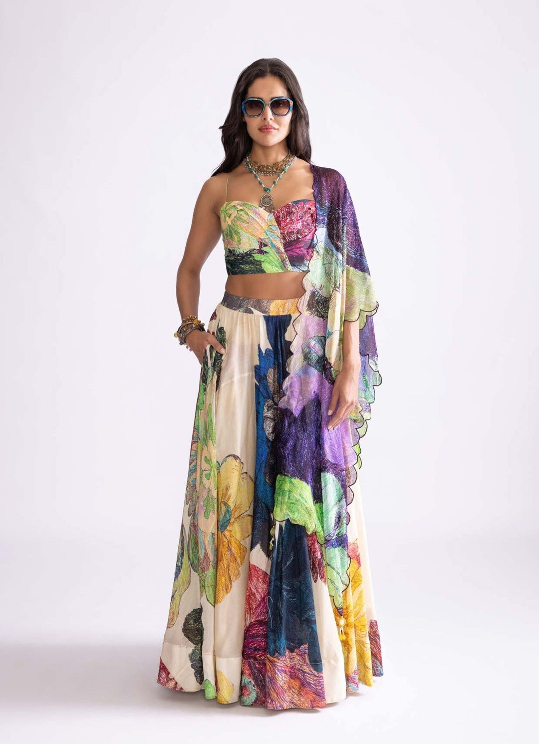Multi Colour Daisy Print Lehenga Set Saaksha & Kinni - Fabilicious Fashion