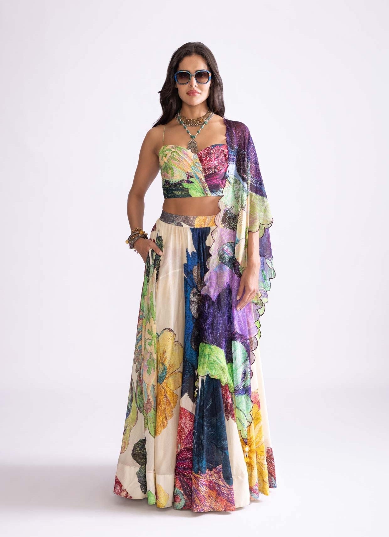 Saaksha and Kinni multicolour daisy print lehenga — printed modern lehenga