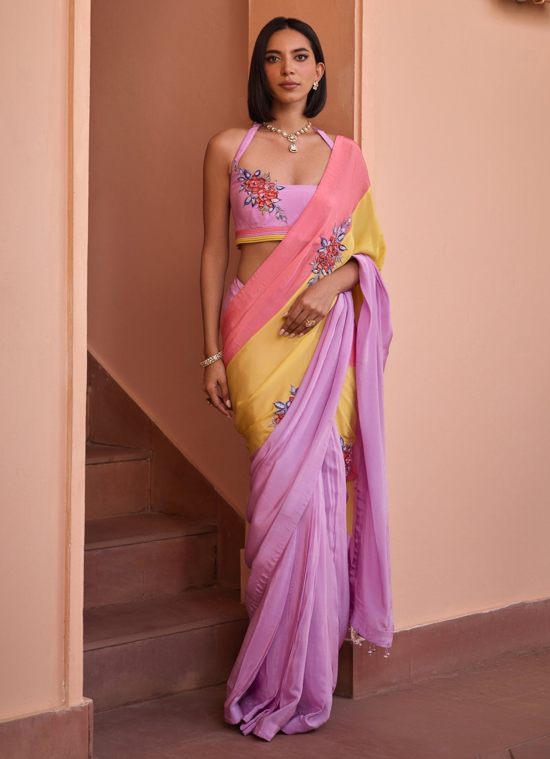 Multi Colour Embroidered Crepe Saree With Halter Blouse Isha Gupta Tayal - Fabilicious Fashion