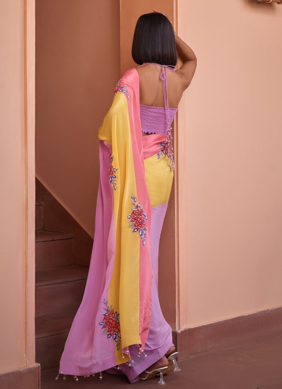 Multi Colour Embroidered Crepe Saree With Halter Blouse Isha Gupta Tayal - Fabilicious Fashion