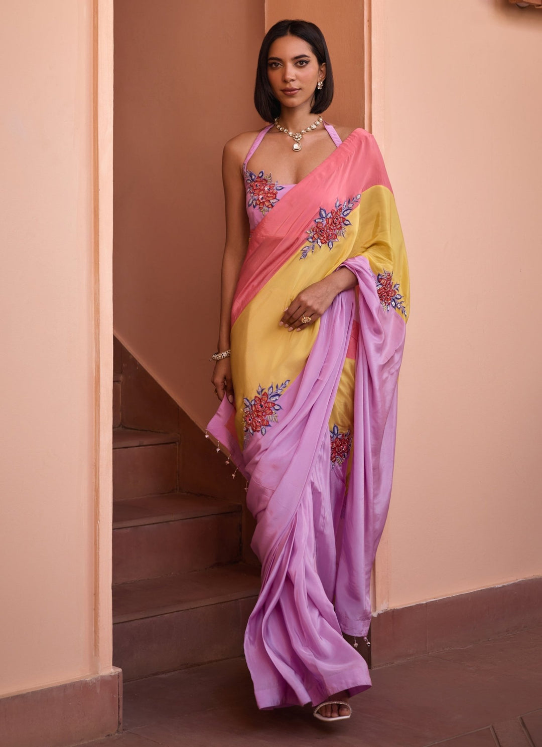 Multi Colour Embroidered Crepe Saree With Halter Blouse Isha Gupta Tayal - Fabilicious Fashion
