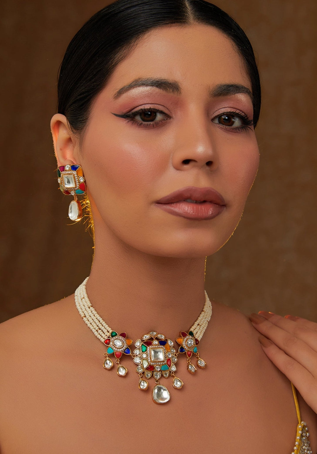 Multi Colour Kundan Necklace Set Zevar by Geeta - Fabilicious Fashion