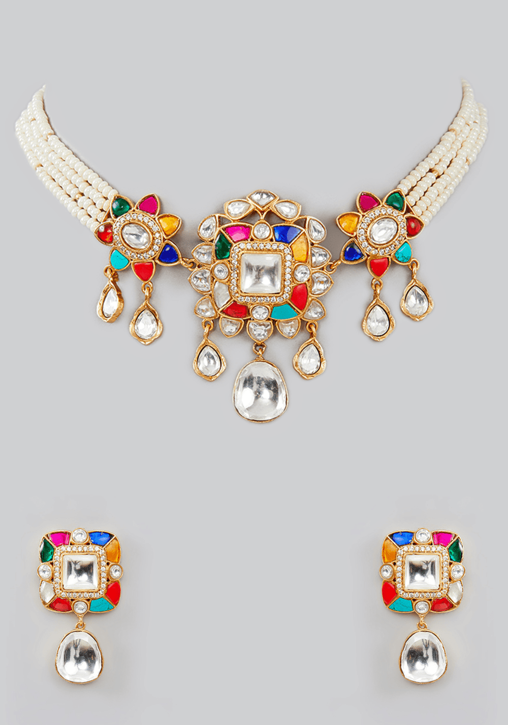 Multi Colour Kundan Necklace Set Zevar by Geeta - Fabilicious Fashion