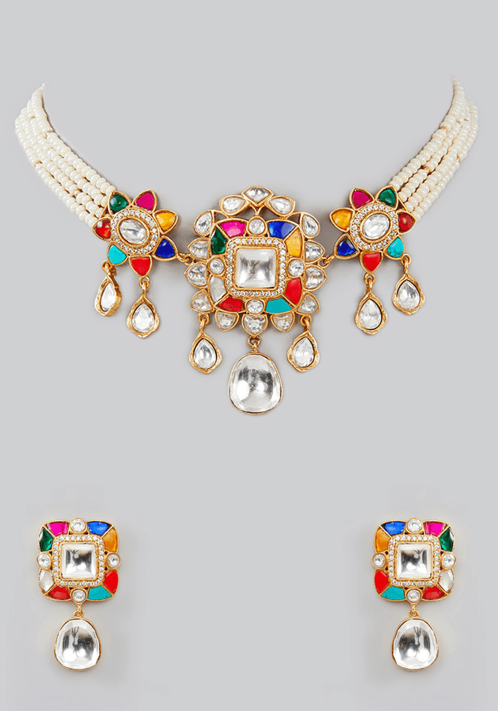 Multi Colour Kundan Necklace Set Zevar by Geeta - Fabilicious Fashion