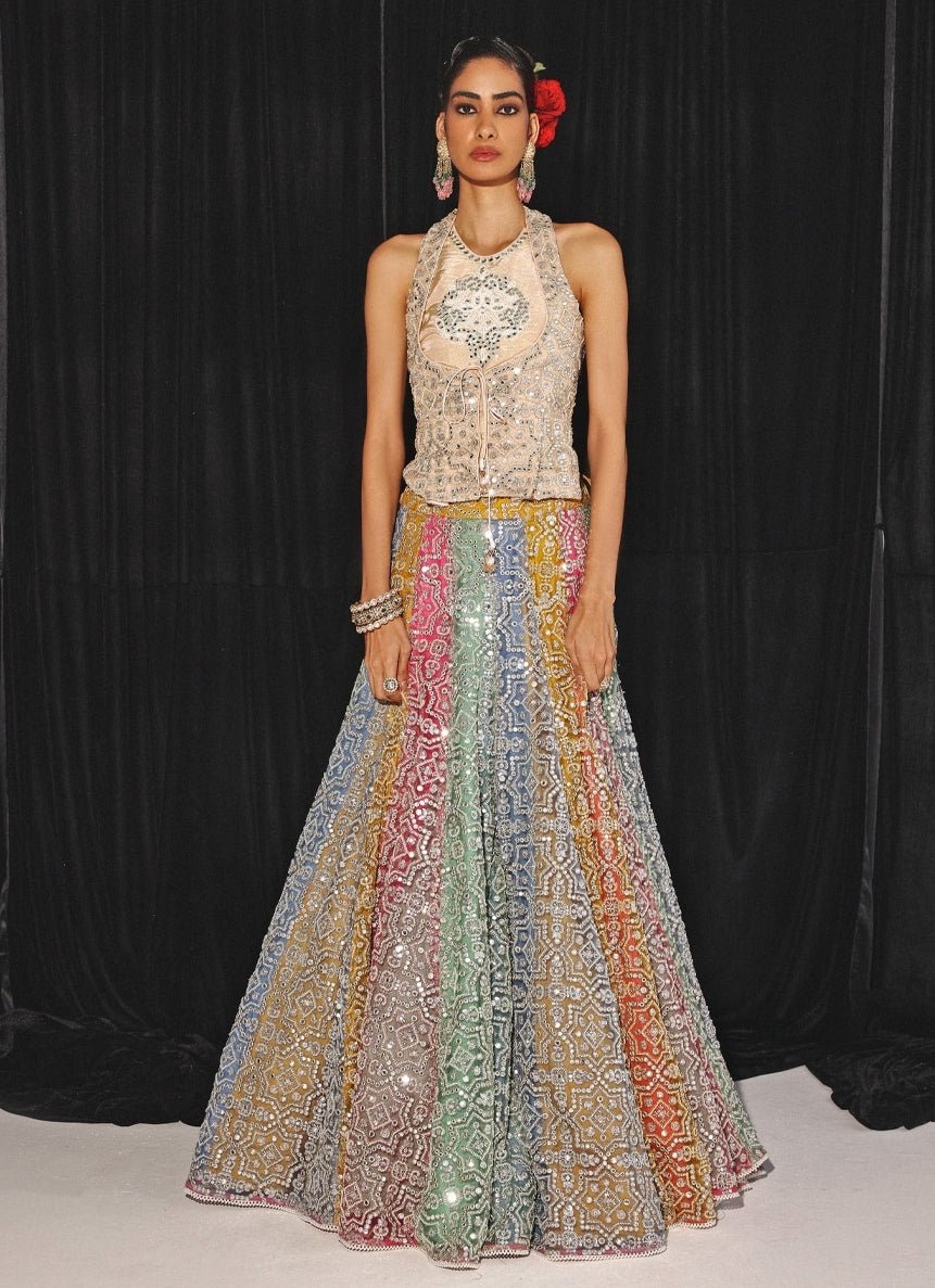 Multi Colour Mirrorwork And Beadwork Lehenga Set Twenty Nine - Fabilicious Fashion