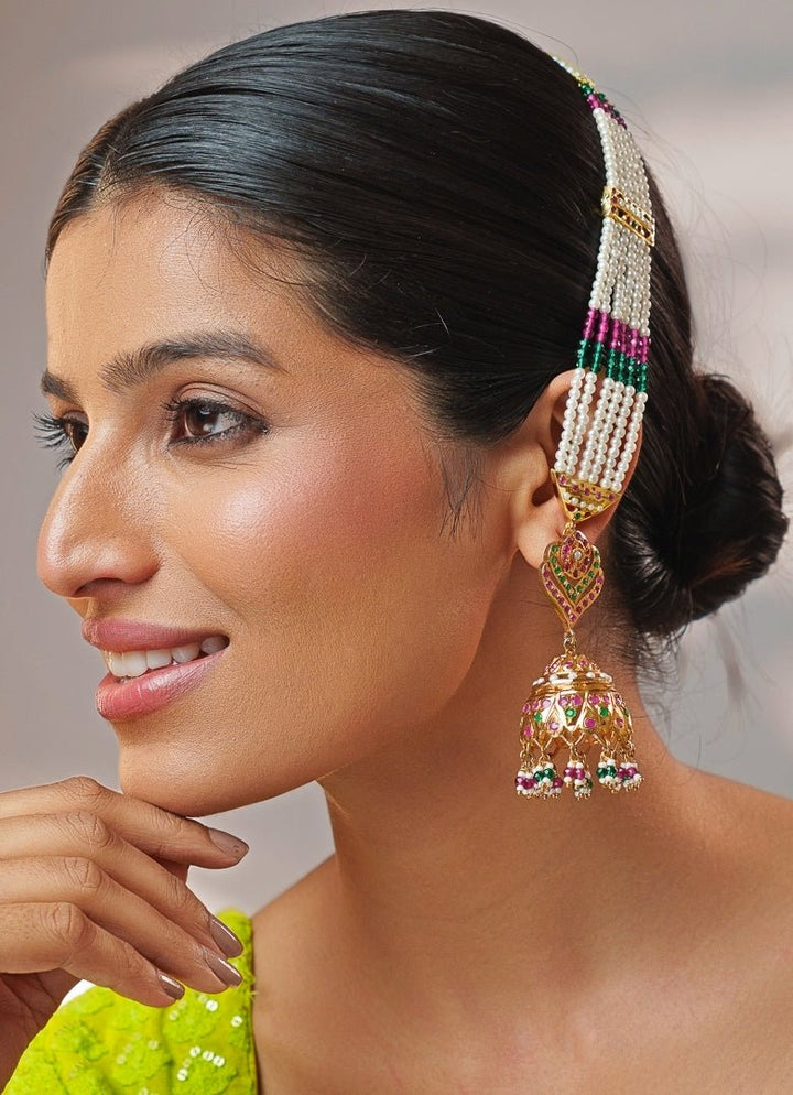 Multi Colour Polki Jhumka Earrings With Earchain Zevar by Geeta - Fabilicious Fashion