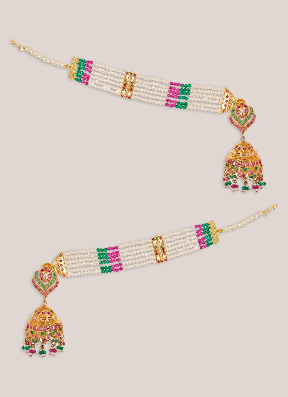 Multi Colour Polki Jhumka Earrings With Earchain Zevar by Geeta - Fabilicious Fashion