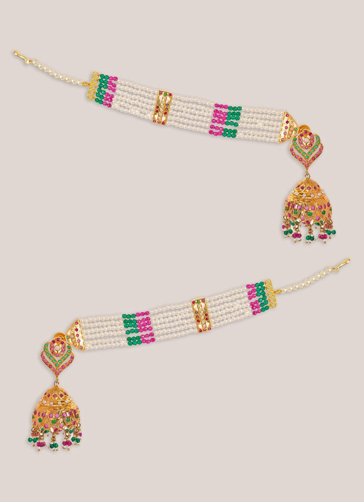 Multi Colour Polki Jhumka Earrings With Earchain Zevar by Geeta - Fabilicious Fashion