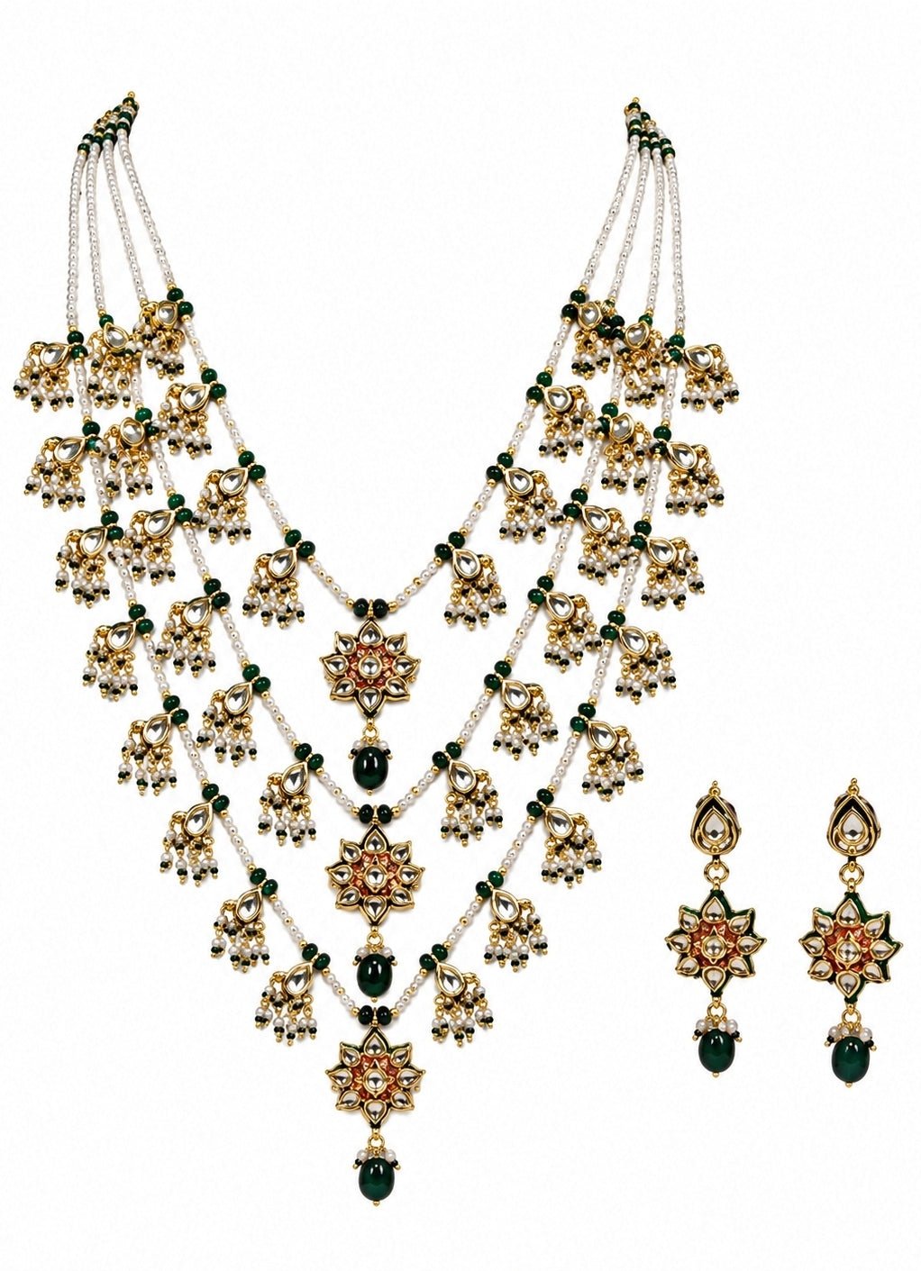 Vivinia by Vidhi Mehra Multi Layer Kundan &amp; Emerald Beaded Necklace SetFabilicious Fashion
