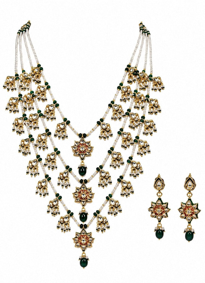 Vivinia by Vidhi Mehra Multi Layer Kundan &amp; Emerald Beaded Necklace SetFabilicious Fashion
