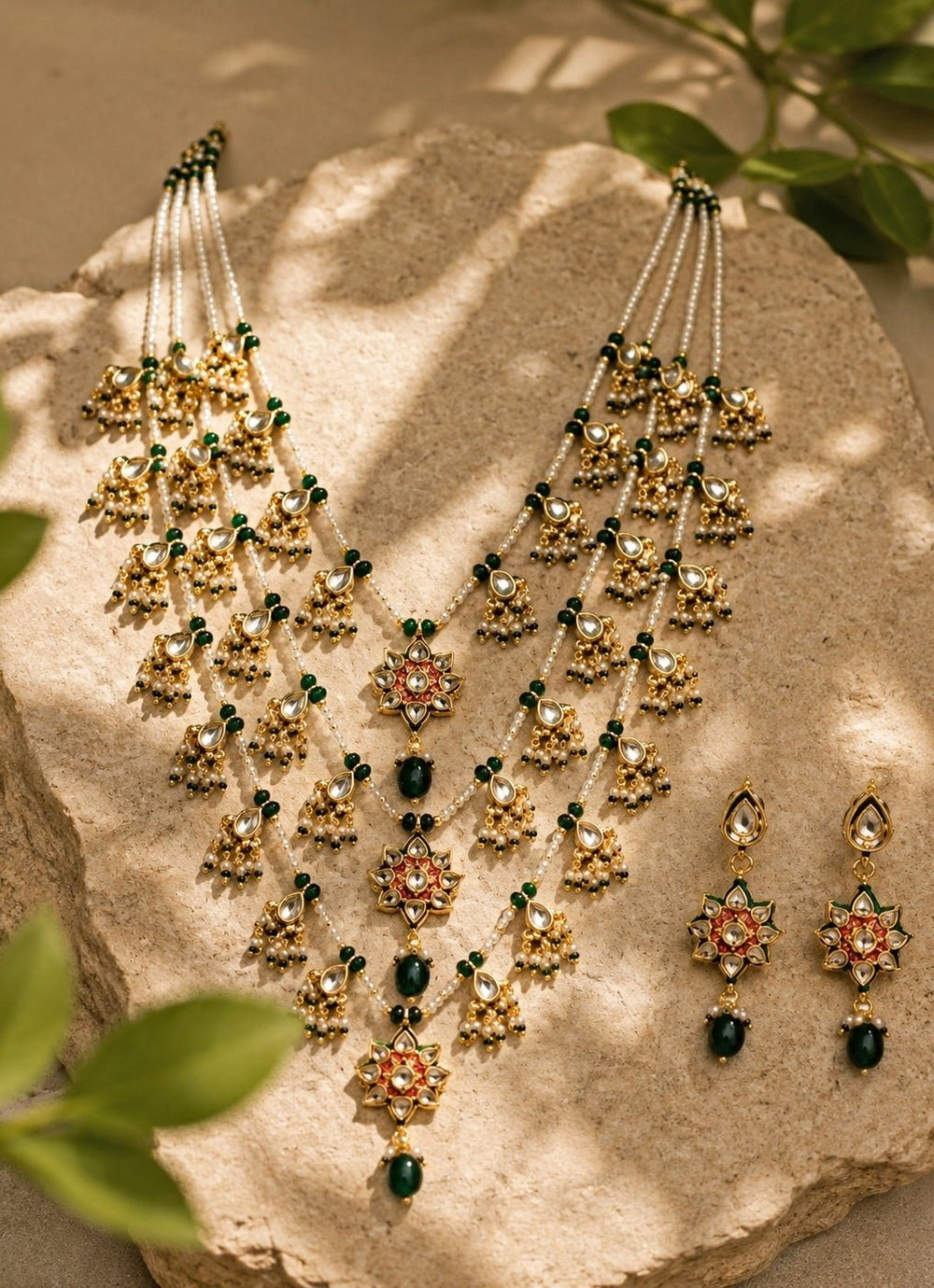 Vivinia by Vidhi Mehra Multi Layer Kundan & Emerald Beaded Necklace SetFabilicious Fashion