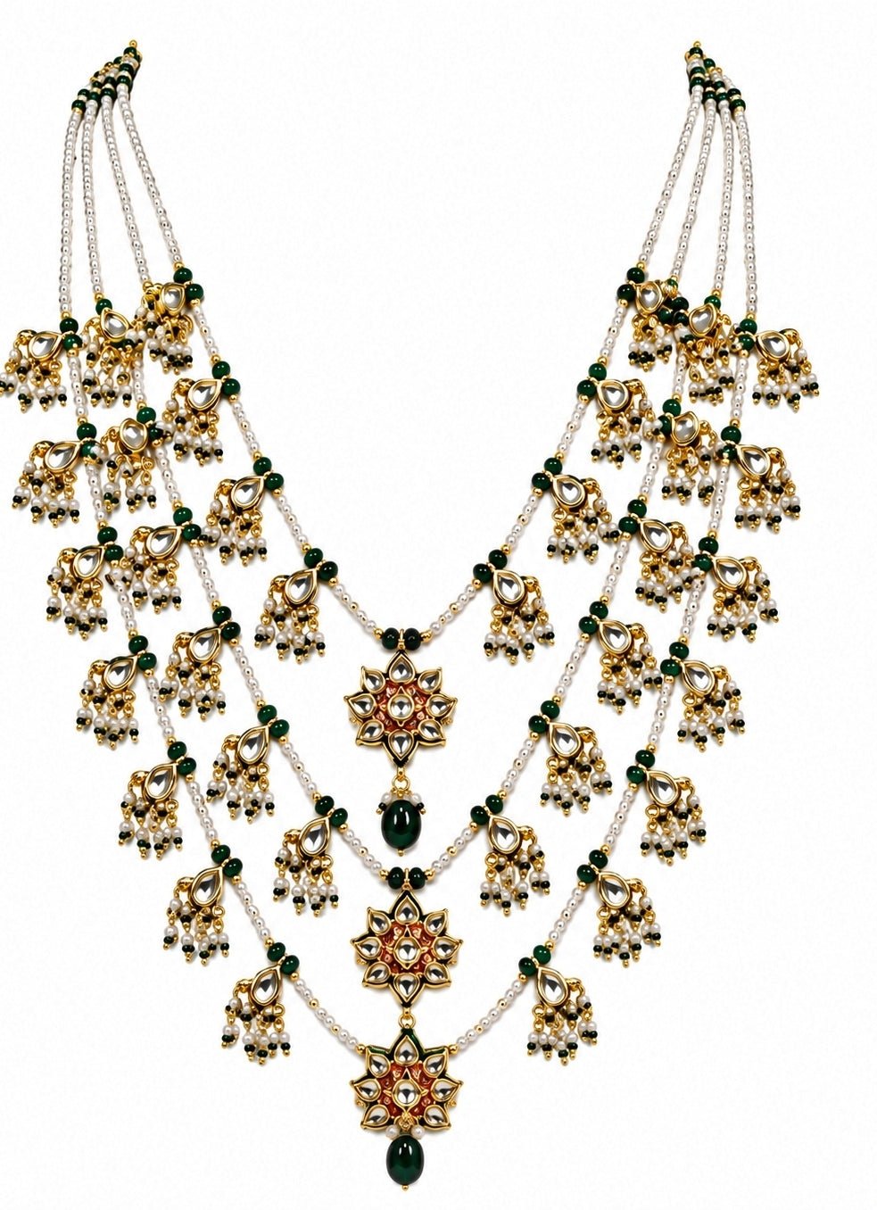 Vivinia by Vidhi Mehra Multi Layer Kundan &amp; Emerald Beaded Necklace SetFabilicious Fashion